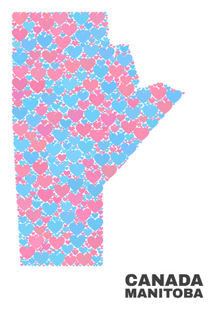 Mosaic Manitoba Province map of valentine hearts in pink and blue colors isolated on a white background. Lovely heart collage in shape of Manitoba Province map.のイラスト素材