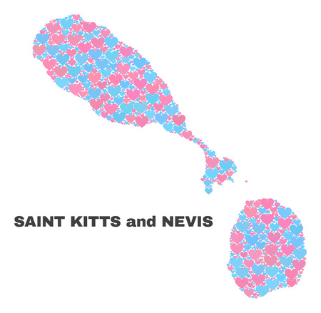 Mosaic Saint Kitts and Nevis map of lovely hearts in pink and blue colors isolated on a white background. Lovely heart collage in shape of Saint Kitts and Nevis map.のイラスト素材