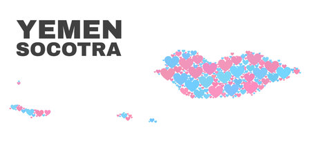 Mosaic Socotra Archipelago map of lovely hearts in pink and blue colors isolated on a white background. Lovely heart collage in shape of Socotra Archipelago map.のイラスト素材