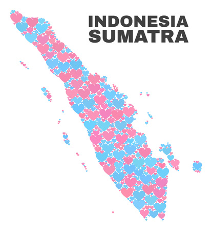 Mosaic Sumatra map of love hearts in pink and blue colors isolated on a white background. Lovely heart collage in shape of Sumatra map. Abstract design for Valentine decoration.のイラスト素材