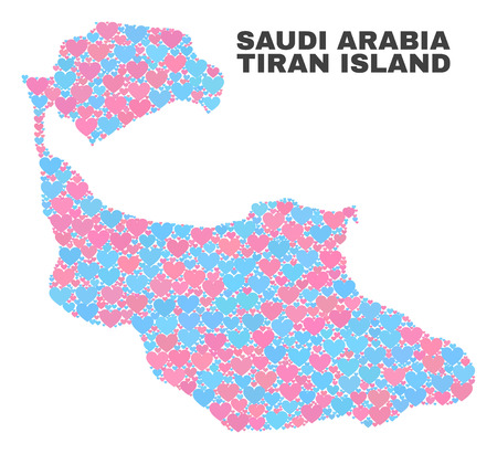 Mosaic Tiran Island map of valentine hearts in pink and blue colors isolated on a white background. Lovely heart collage in shape of Tiran Island map. Abstract design for Valentine illustrations.のイラスト素材