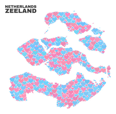 Mosaic Zeeland Province map of lovely hearts in pink and blue colors isolated on a white background. Lovely heart collage in shape of Zeeland Province map. Abstract design for Valentine illustrations.のイラスト素材