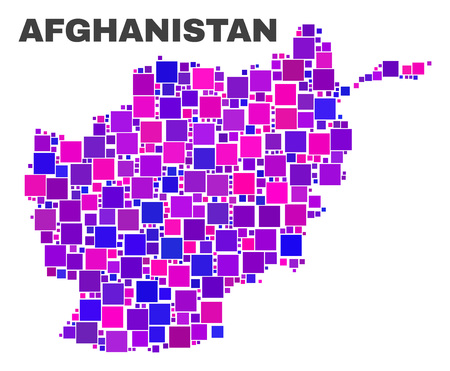 Mosaic Afghanistan map isolated on a white background. Vector geographic abstraction in pink and violet colors. Mosaic of Afghanistan map combined of random square items.のイラスト素材