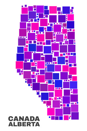 Mosaic Alberta Province map isolated on a white background. Vector geographic abstraction in pink and violet colors. Mosaic of Alberta Province map combined of scattered square elements.のイラスト素材