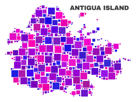 Mosaic Antigua Island map isolated on a white background. Vector geographic abstraction in pink and violet colors. Mosaic of Antigua Island map combined of scattered small squares.のイラスト素材