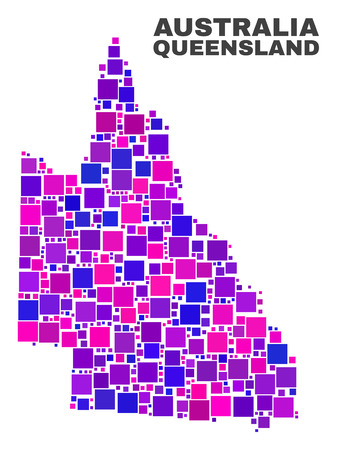 Mosaic Australian Queensland map isolated on a white background. Vector geographic abstraction in pink and violet colors. Mosaic of Australian Queensland map combined of random small squares.のイラスト素材