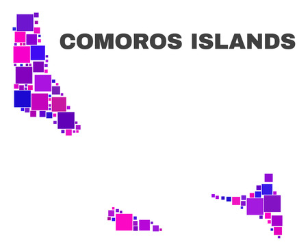 Mosaic Comoros Islands map isolated on a white background. Vector geographic abstraction in pink and violet colors. Mosaic of Comoros Islands map combined of scattered small squares.のイラスト素材