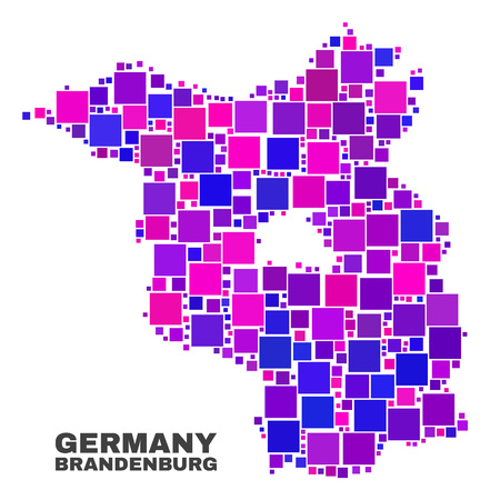 Mosaic Brandenburg Land map isolated on a white background. Vector geographic abstraction in pink and violet colors. Mosaic of Brandenburg Land map combined of random square elements.のイラスト素材