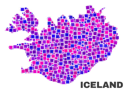 Mosaic Iceland map isolated on a white background. Vector geographic abstraction in pink and violet colors. Mosaic of Iceland map combined of scattered small squares.のイラスト素材