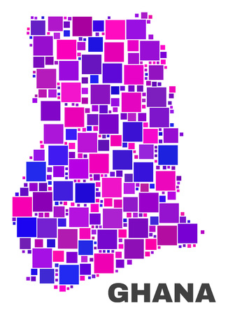 Mosaic Ghana map isolated on a white background. Vector geographic abstraction in pink and violet colors. Mosaic of Ghana map combined of scattered square items.のイラスト素材