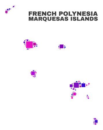 Mosaic Marquesas Islands map isolated on a white background. Vector geographic abstraction in pink and violet colors. Mosaic of Marquesas Islands map combined of random small squares.のイラスト素材