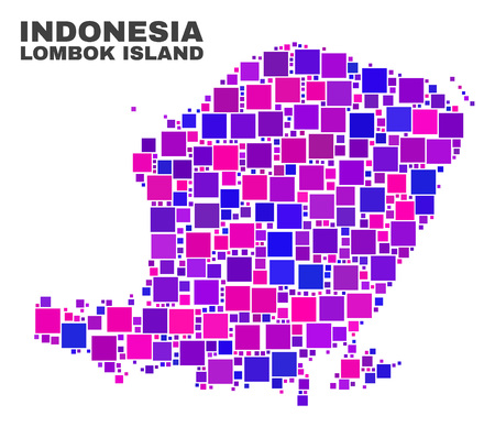 Mosaic Lombok Island map isolated on a white background. Vector geographic abstraction in pink and violet colors. Mosaic of Lombok Island map combined of scattered small squares.のイラスト素材