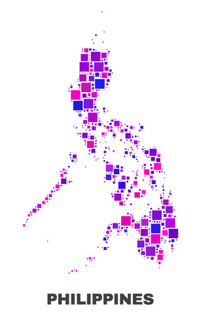 Mosaic Philippines map isolated on a white background. Vector geographic abstraction in pink and violet colors. Mosaic of Philippines map combined of scattered square elements.のイラスト素材