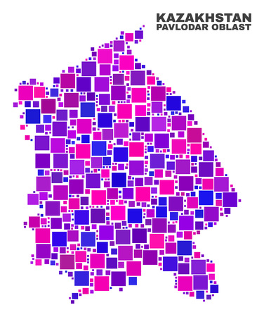 Mosaic Pavlodar Region map isolated on a white background. Vector geographic abstraction in pink and violet colors. Mosaic of Pavlodar Region map combined of scattered small squares.のイラスト素材