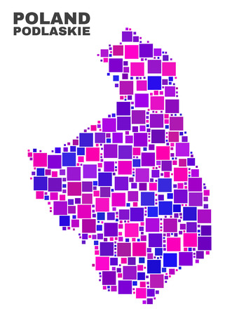 Mosaic Podlaskie Voivodeship map isolated on a white background. Vector geographic abstraction in pink and violet colors. Mosaic of Podlaskie Voivodeship map combined of scattered square elements.のイラスト素材