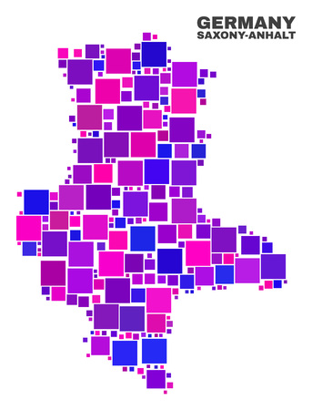 Mosaic Saxony-Anhalt Land map isolated on a white background. Vector geographic abstraction in pink and violet colors. Mosaic of Saxony-Anhalt Land map combined of scattered square items.のイラスト素材