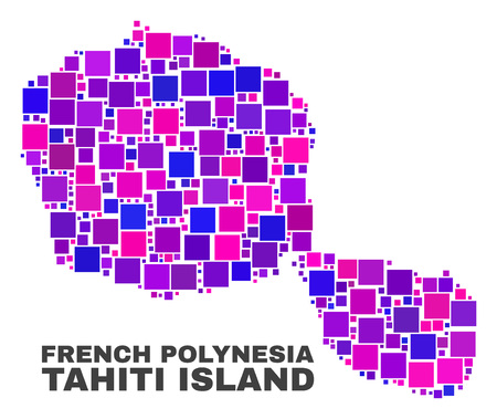 Mosaic Tahiti Island map isolated on a white background. Vector geographic abstraction in pink and violet colors. Mosaic of Tahiti Island map combined of scattered square elements.のイラスト素材