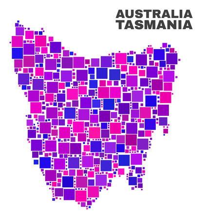 Mosaic Tasmania Island map isolated on a white background. Vector geographic abstraction in pink and violet colors. Mosaic of Tasmania Island map combined of random square elements.のイラスト素材