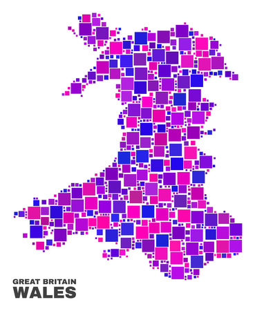 Mosaic Wales map isolated on a white background. Vector geographic abstraction in pink and violet colors. Mosaic of Wales map combined of scattered small squares.のイラスト素材