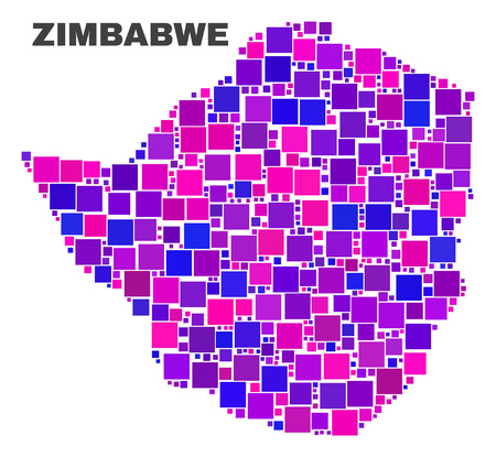 Mosaic Zimbabwe map isolated on a white background. Vector geographic abstraction in pink and violet colors. Mosaic of Zimbabwe map combined of random square items.のイラスト素材