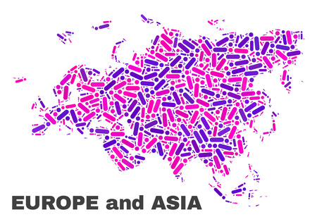 Mosaic Europe and Asia map isolated on a white background. Vector geographic abstraction in pink and violet colors. Mosaic of Europe and Asia map combined of random round dots and lines.のイラスト素材