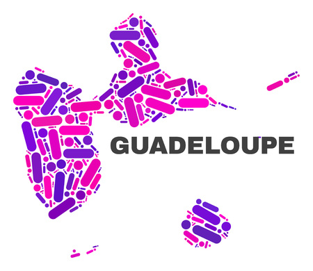 Mosaic Guadeloupe map isolated on a white background. Vector geographic abstraction in pink and violet colors. Mosaic of Guadeloupe map combined of random round points and lines.のイラスト素材