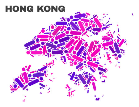 Mosaic Hong Kong map isolated on a white background. Vector geographic abstraction in pink and violet colors. Mosaic of Hong Kong map combined of scattered circle dots and lines.のイラスト素材
