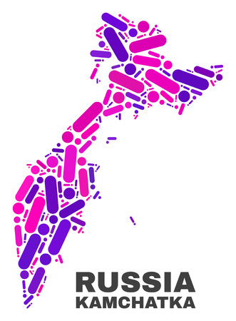 Mosaic Kamchatka map isolated on a white background. Vector geographic abstraction in pink and violet colors. Mosaic of Kamchatka map combined of random circle dots and lines.のイラスト素材