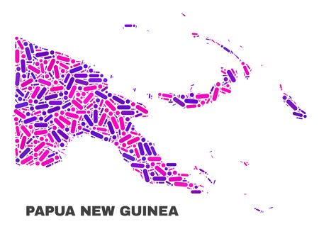 Mosaic Papua New Guinea map isolated on a white background. Vector geographic abstraction in pink and violet colors. Mosaic of Papua New Guinea map combined of random circle points and lines.のイラスト素材