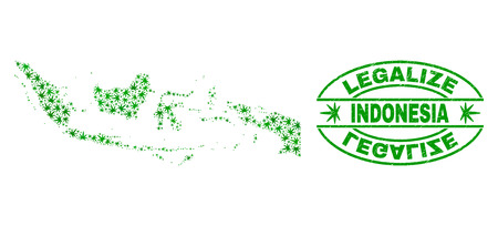 Vector cannabis Indonesia map mosaic and grunge textured Legalize stamp seal. Concept with green weed leaves. Concept for cannabis legalize campaign. Vector Indonesia map is created with weed leaves.のイラスト素材