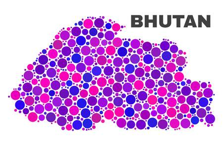 Mosaic Bhutan map isolated on a white background. Vector geographic abstraction in pink and violet colors. Mosaic of Bhutan map composed from random round elements.のイラスト素材