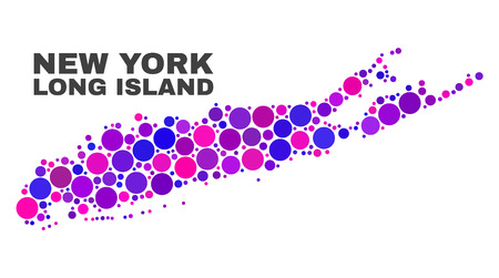 Mosaic Long Island map isolated on a white background. Vector geographic abstraction in pink and violet colors. Mosaic of Long Island map combined of random circle dots.のイラスト素材
