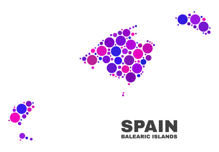 Mosaic Balearic Islands map isolated on a white background. Vector geographic abstraction in pink and violet colors. Mosaic of Balearic Islands map combined of scattered circle elements.のイラスト素材