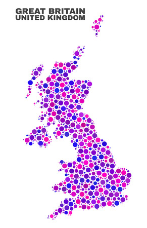 Mosaic United Kingdom map isolated on a white background. Vector geographic abstraction in pink and violet colors. Mosaic of United Kingdom map combined of scattered round elements.のイラスト素材
