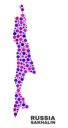 Mosaic Sakhalin Island map isolated on a white background. Vector geographic abstraction in pink and violet colors. Mosaic of Sakhalin Island map combined of random spheric elements.のイラスト素材