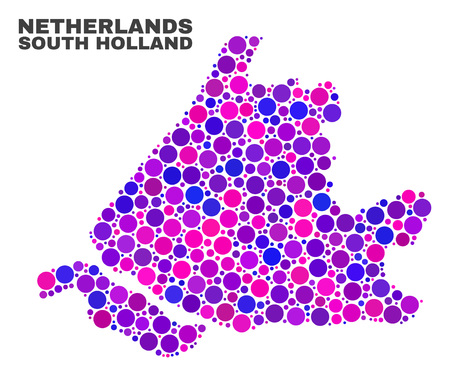 Mosaic South Holland map isolated on a white background. Vector geographic abstraction in pink and violet colors. Mosaic of South Holland map combined of scattered circle elements.のイラスト素材