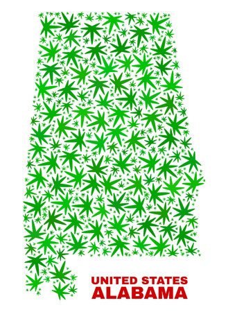 Vector cannabis Alabama State map collage. Template with green weed leaves for cannabis legalize campaign. Vector Alabama State map is formed with cannabis leaves.のイラスト素材