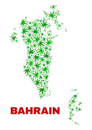Vector marijuana Bahrain map mosaic. Template with green weed leaves for weed legalize campaign. Vector Bahrain map is formed with weed leaves.のイラスト素材