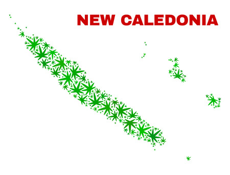 Vector cannabis New Caledonia Islands map mosaic. Concept with green weed leaves for cannabis legalize campaign. Vector New Caledonia Islands map is created with weed leaves.のイラスト素材