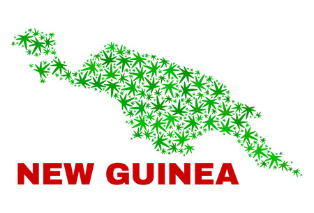 Vector cannabis New Guinea map mosaic. Template with green weed leaves for weed legalize campaign. Vector New Guinea map is created with cannabis leaves.のイラスト素材