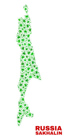 Vector marijuana Sakhalin Island map mosaic. Concept with green weed leaves for weed legalize campaign. Vector Sakhalin Island map is constructed with weed leaves.のイラスト素材