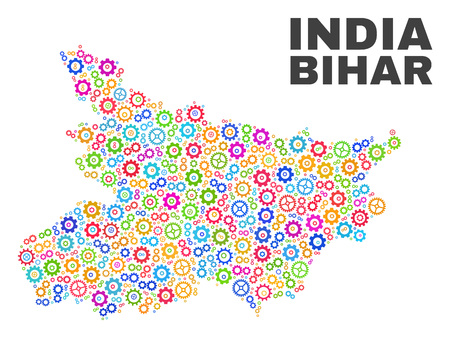 Mosaic technical Bihar State map isolated on a white background. Vector geographic abstraction in different colors. Mosaic of Bihar State map combined of random multi-colored gear items.のイラスト素材