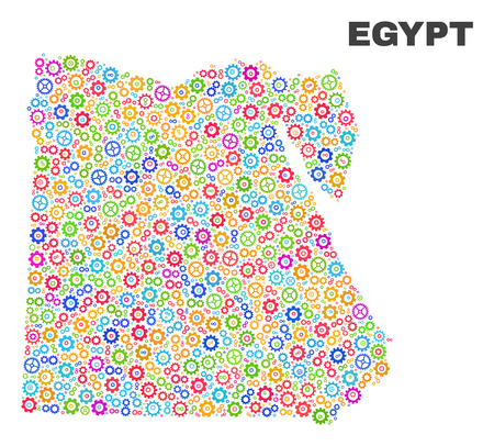 Mosaic technical Egypt map isolated on a white background. Vector geographic abstraction in different colors. Mosaic of Egypt map composed from random multi-colored cogwheel items.のイラスト素材