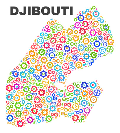 Mosaic technical Djibouti map isolated on a white background. Vector geographic abstraction in different colors. Mosaic of Djibouti map combined of random multi-colored cog items.のイラスト素材
