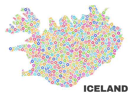 Mosaic technical Iceland map isolated on a white background. Vector geographic abstraction in different colors. Mosaic of Iceland map combined of random multi-colored wheel items.のイラスト素材
