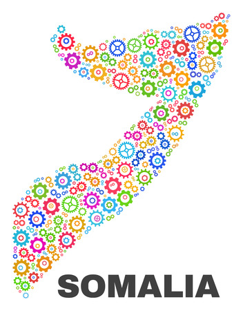 Mosaic technical Somalia map isolated on a white background. Vector geographic abstraction in different colors. Mosaic of Somalia map combined of random multi-colored gear elements.のイラスト素材