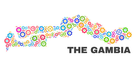 Mosaic technical the Gambia map isolated on a white background. Vector geographic abstraction in different colors. Mosaic of the Gambia map combined of scattered bright gear items.のイラスト素材