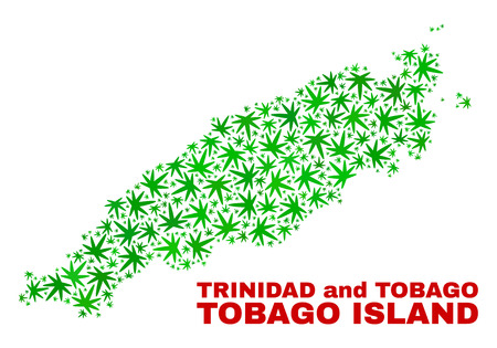 Vector cannabis Tobago Island map mosaic. Template with green weed leaves for cannabis legalize campaign. Vector Tobago Island map is created with cannabis leaves.のイラスト素材