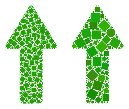 Mosaic Arrow up icons united from circle and square elements in various sizes, positions and proportions. Vector circle and square elements are arranged into abstract mosaic arrow up icons.のイラスト素材