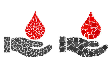 Mosaic Blood donation hand icons composed of spheric and square elements in different sizes, positions and proportions.のイラスト素材